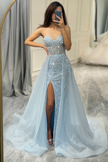 Glitter Strapless Blue Tulle A Line Prom Dress with Beading